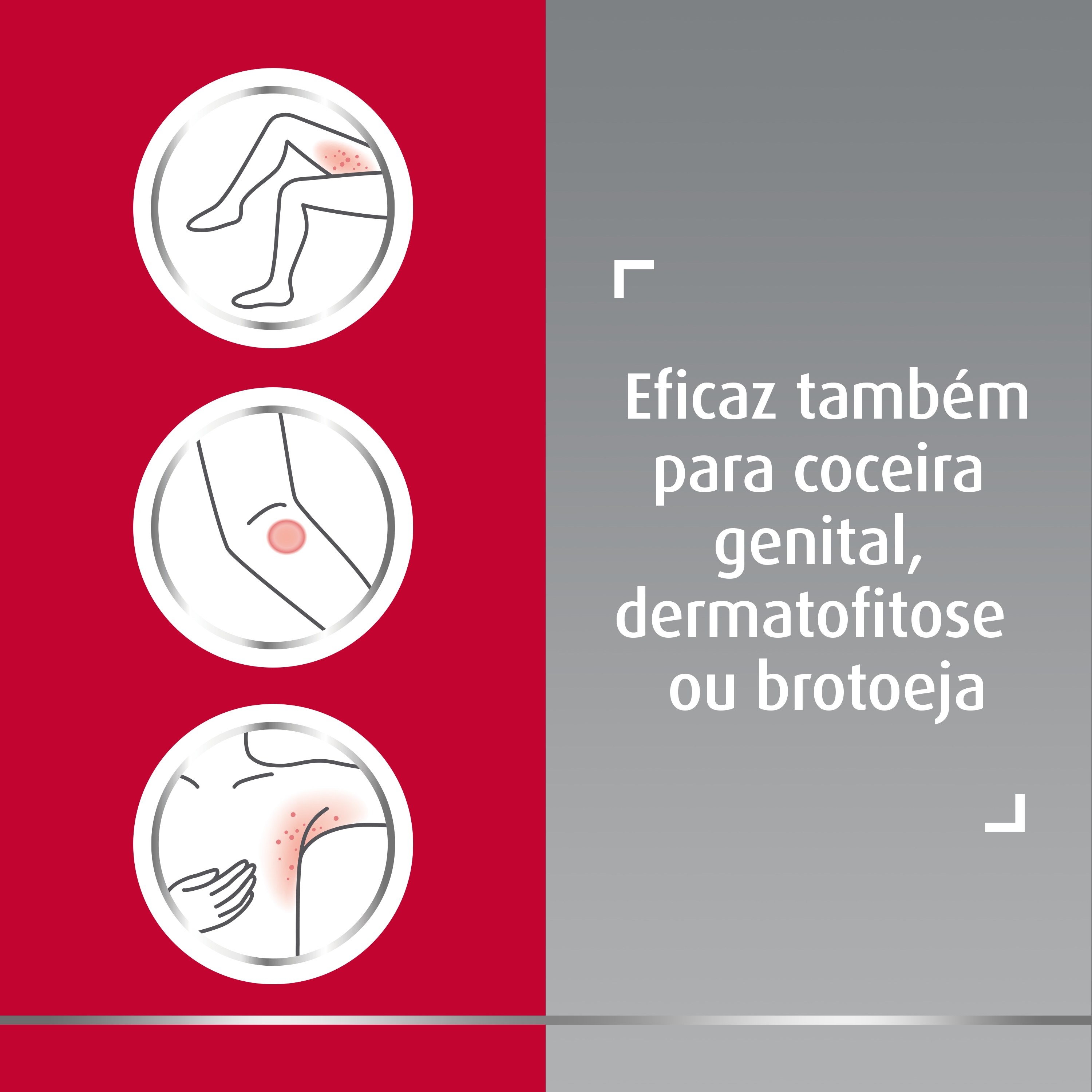 Três ícones de manchas irritadas na parte interna da coxa, no cotovelo e na axila, com legenda do lado direito: Eficaz também para coceira genital, dermatofitose ou brotoeja